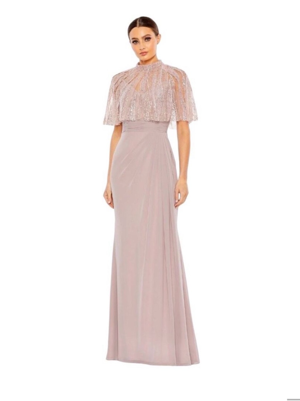 Mac Duggal Dusty Blush Lace Cape Maxi Gown